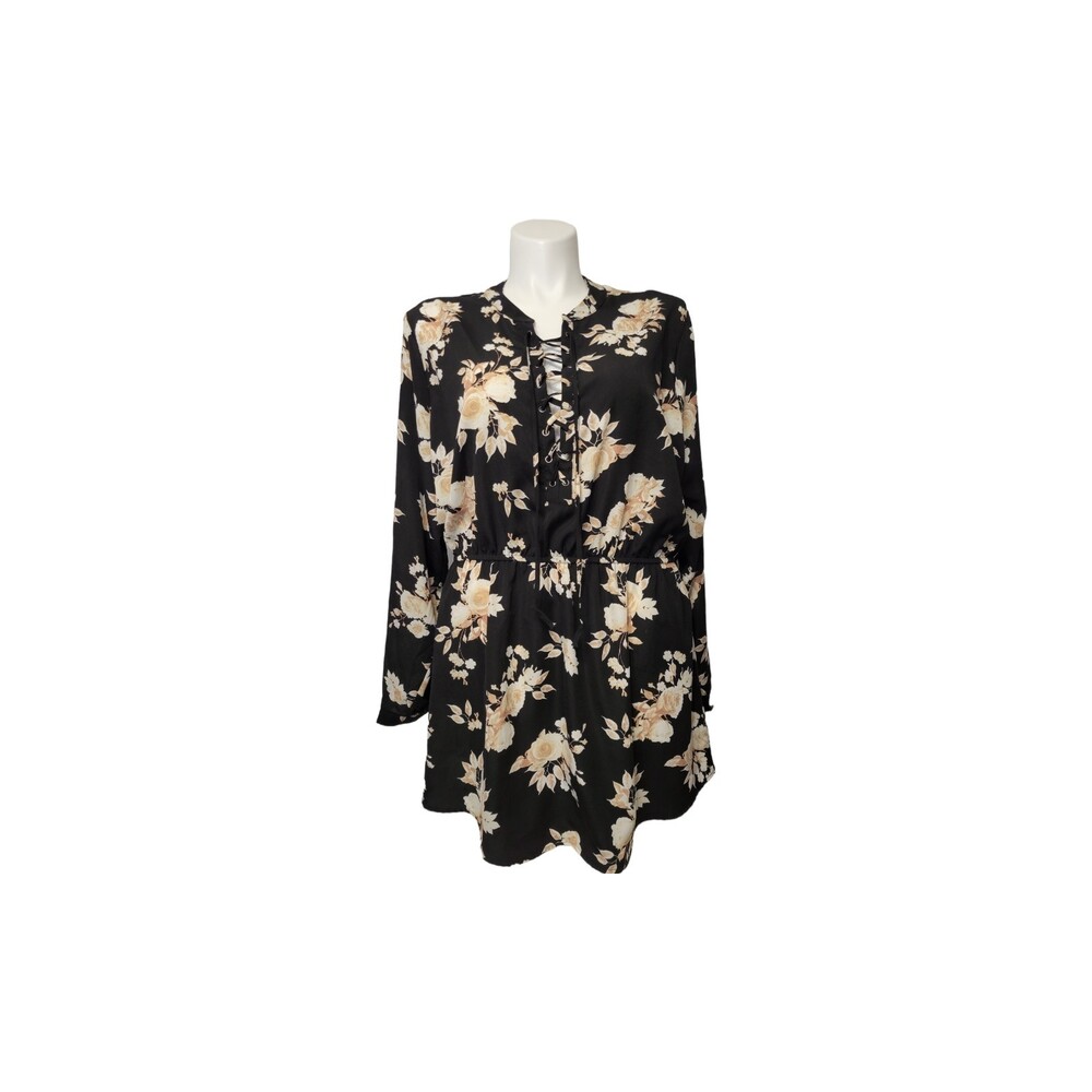 Rue 21 Tunic Women 2X Plus Black Floral Braided Drawstring Accent